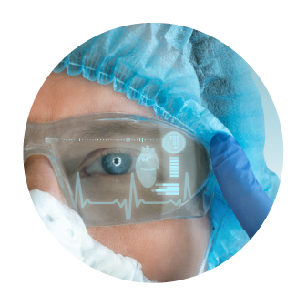 The image shows a medical employee wearing transparent augmented reality glasses and is intended to show the area of ​​application in augmented reality of the ultra miniaturized 3D endoscopy camera technology from AKmira Optronics.