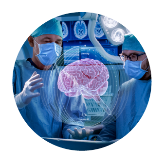 The image shows a futuristic representation of a brain operation with 2 doctors and is intended to show the area of ​​application in medical technology for the ultra-miniaturized 3D endoscopy camera technology from AKmira Optronics.